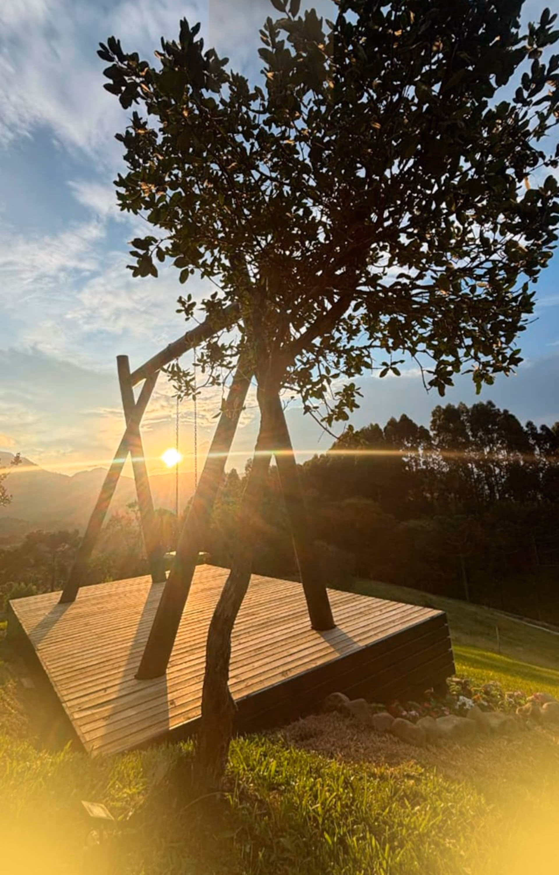 Balanço de madeira sob uma árvore, silhueta contra o sol poente